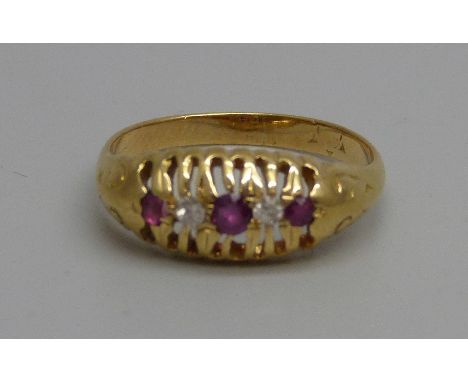 A vintage 18ct gold, diamond and ruby ring, 2.8g, L 