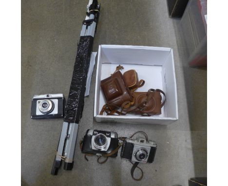 A Photax photographer's tripod, soft spot umbrella and five vintage cameras, Halina Pauklette, Montanus Montana, Ilford Sport