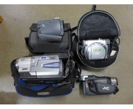 Four digital camcorders including JVC GR-DVL355E, JVC 200x zoom, Sony DCR-TRV19E and Sony CCD-TRV58E PAL Hi8 
