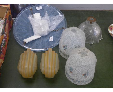 A pair of French glass Art Deco wall light shades, a blue glass Art Deco ceiling light shade, a pair of glass lamp shades and