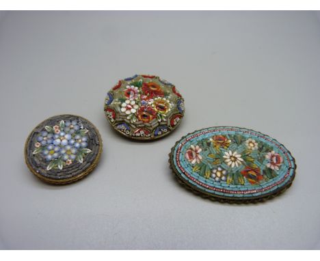 Three vintage micro-mosaic flower brooches, one stamped Italy 