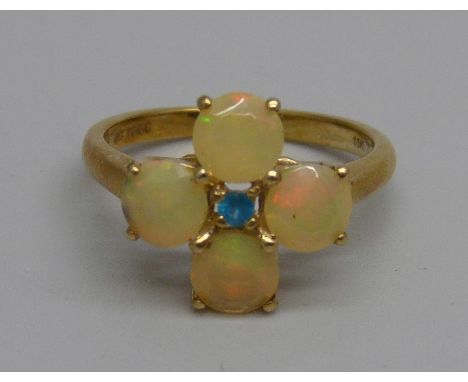 A 9ct gold, Ethiopian opal and neon apatite ring, 2.4g, L, with certificate 