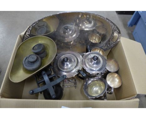 A set of Salter kitchen scales and weights, a four piece silver tea service, plated two handled tray, three mugs and two knif