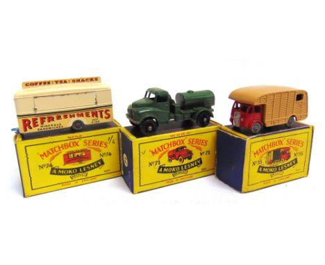 THREE MATCHBOX 1-75 SERIES DIECAST MODEL VEHICLES  comprising a No.74, Mobile Canteen, cream with a light blue base, grey pla