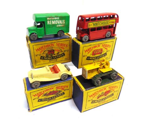FOUR MATCHBOX 1-75 SERIES DIECAST MODEL VEHICLES  comprising a No.5, London Bus (57mm), red 'Buy Matchbox Series', metal whee