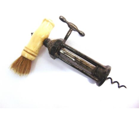 A 19TH CENTURY FOUR PILLAR KING'S RACK CORKSCREW  the turned bone handle complete with suspension ring and brush, overall 19.