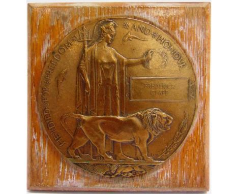 A GREAT WAR MEMORIAL PLAQUE TO FREDERICK CLAPP, ARMY CYCLIST CORPS  (Frederick Clapp), set to an oak block, overall 15cm x 14