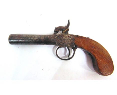 A PERCUSSION BOXLOCK POCKET PISTOL  unsigned, 19th century, with a 7cm (2 3/4 inch) barrel, foliate engraved decoration, and 