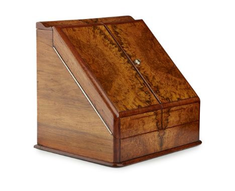 LARGE VICTORIAN WALNUT AND MAHOGANY STATIONERY BOX  19TH CENTURY   the hinged divided slant front opening to an interior fitt