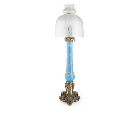 VICTORIAN ENAMELLED OPAQUE BLUE GLASS AND BRASS OIL LAMP  19TH CENTURY   the slender baluster body with white enamel and gilt