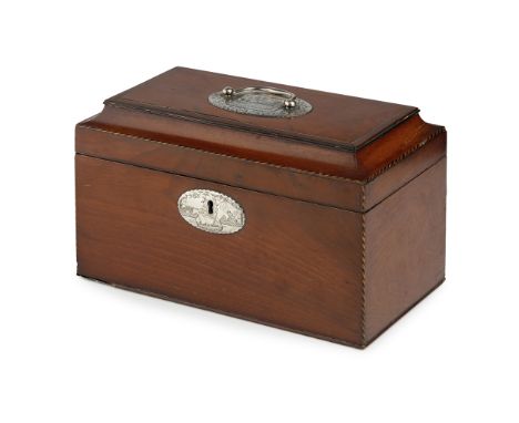 GEORGE III BANDED MAHOGANY AND WHITE METAL MOUNTED TEA CADDY, DEPICTING THE SEIGE OF GIBRALTAR  DATED 1782   the cavetto moul