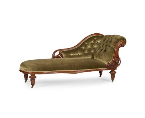 EARLY VICTORIAN MAHOGANY FRAMED CHAISE LONGUE  MID 19TH CENTURY   with a scroll end and backrest covered in button upholstere