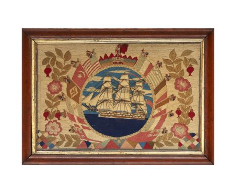 SAILOR'S WOOLWORK PICTURE  CIRCA 1860   of rectangular form, stitched with a central circular portrait of HMS Cornwallis encl
