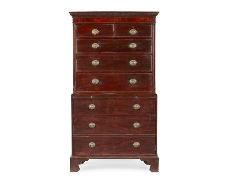 GEORGE III MAHOGANY CHEST-ON-CHEST  LATE 18TH CENTURY   the dentil moulded cornice above a pair of short drawers and three gr