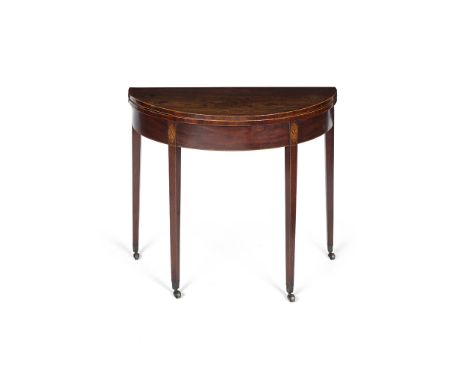 LATE GEORGE III MAHOGANY INLAID DEMILUNE CARD TABLE  LATE 18TH CENTURY   the top with boxwood stringing opening to a baize pl