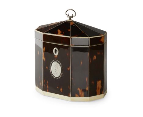 GEORGIAN TORTOISESHELL AND IVORY-BANDED TEA CADDY  LATE 18TH CENTURY   of decahedron form, the sectional peaked cover with a 