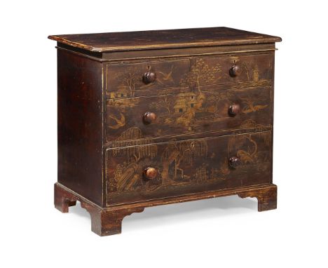 GEORGIAN PAINTED AND JAPANNED PINE CHEST OF DRAWERS  EARLY 19TH CENTURY, THE JAPANNING LATER   the rectangular top with cante