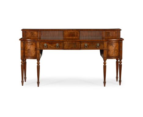 REGENCY MAHOGANY STAGEBACK SIDEBOARD  EARLY 19TH CENTURY   the superstructure with two tambour doors above a broken bow front