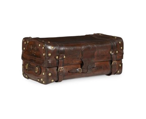 VICTORIAN LEATHER AND BRASS STUDDED TRUNK, W. INSALL &amp; SONS, BRISTOL  19TH CENTURY   with leather straps and carrying han