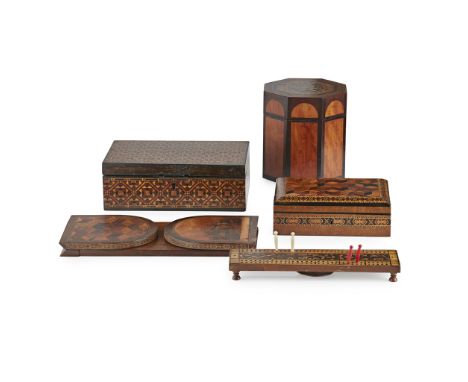 GROUP OF TUNBRIDGE WARE ITEMS  19TH CENTURY   comprising two rectangular boxes and covers, one with diamond form design, with