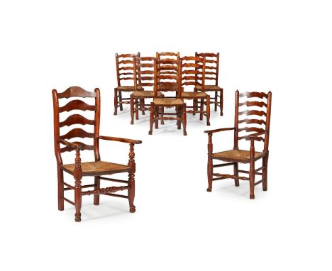 ASSEMBLED SET OF EIGHT LADDERBACK CHAIRS  19TH CENTURY   comprising six side chairs and two armchairs, with shaped ladder bac