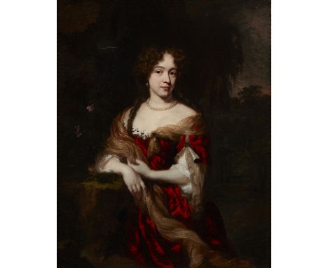 FOLLOWER OF NICOLAES MAES  THREE QUARTER LENGTH PORTRAIT OF A LADY IN A RED DRESS   Oil on canvas  68cm x 54.5cm (26.75in x 2