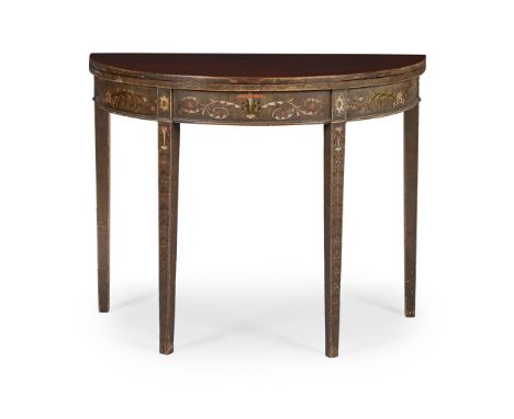 GEORGE III PAINTED MAHOGANY DEMI LUNE CARD TABLE  LATE 18TH CENTURY   the fold-over top opening to a blue baize playing surfa