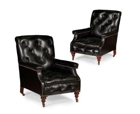 PAIR OF VICTORIAN BLACK LEATHER ARMCHAIRS  LATE 19TH CENTURY   the button backs and seats flanked by straight padded arms, wi