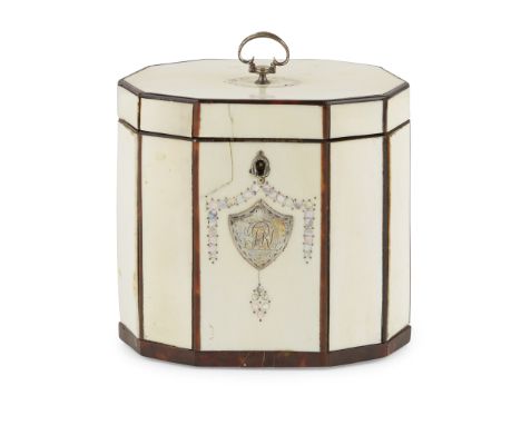 GEORGE III IVORY AND TORTOISESHELL-BANDED TEA CADDY  LATE 18TH CENTURY   of decahedron form with a loop handle, above a mothe
