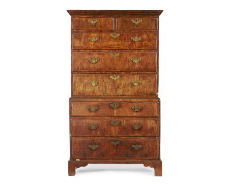 GEORGE II WALNUT CHEST-ON-CHEST  2ND QUARTER 18TH CENTURY   the moulded cornice above a pair of short drawers and three long 