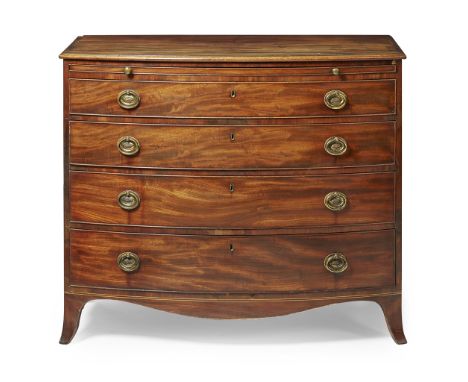 LATE GEORGE III MAHOGANY BOWFRONT CHEST OF DRAWERS  LATE 18TH CENTURY   the crossbanded top outlined with stringing above a b