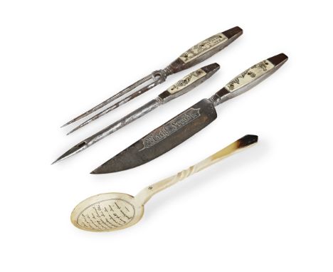 GERMAN IRON AND HORN KNIFE, FORK AND BODKIN SET  LATE 18TH/ EARLY 19TH CENTURY   the handles with engraved horn plaques, with