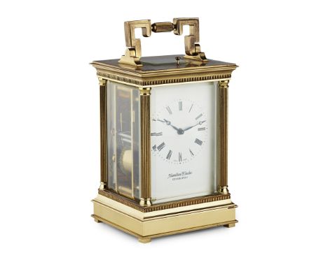 LARGE SWISS GILT BRASS REPEATER CARRIAGE CLOCK  MODERN   the four bevelled glass case enclosing a white enamelled dial, with 