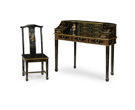 BLACK JAPANNED CARLTON HOUSE DESK AND CHAIR  20TH CENTURY   the superstructure with an arrangement of short drawers, cupboard