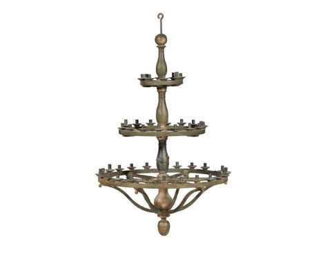 LARGE PAINTED AND PARCEL GILTWOOD AND TOLE CHANDELIER  the turned baluster central column with three graduated tiers mounted 