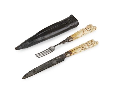 SCANDINAVIAN CARVED IVORY HANDLED KNIFE AND FORK SET  LATE 18TH CENTURY   carved with figures of recumbent lions above three 