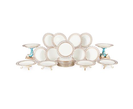 WEDGWOOD PEARLWARE PART DESSERT SERVICE 19TH CENTURY  with pierced T-shaped rim borders in pink, blue and gold enamels, impre