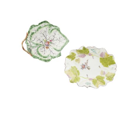 TWO ENGLISH PORCELAIN LEAF-FORM DISHES  18TH CENTURY   the first by Chelsea, decorated with fruiting vine leaves in low relie