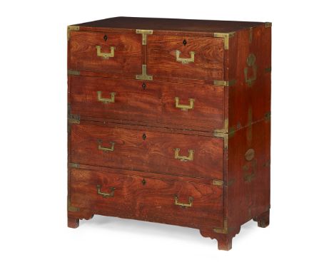 RARE SMALL TEAK BRASS MOUNTED CAMPAIGN CHEST  2ND QUARTER 19TH CENTRY   in two parts, with two short over three long drawers 