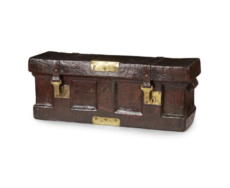 LEATHER, CORK, AND CANVAS MUNITIONS TRUNK  EARLY 20TH CENTURY   with leather straps and brass and copper hardware, embossed R