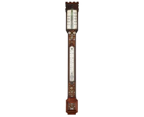 SCOTTISH ROSEWOOD, IVORY, MOTHER-OF-PEARL, ABALONE, AND BRASS INLAID STICK BAROMETER, GARDNER GLASGOW  MID 19TH CENTURY   the