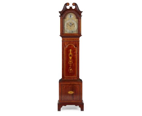 EDWARDIAN MAHOGANY, SATINWOOD AND MARQUETRY CHIMING LONGCASE CLOCK  EARLY 20TH CENTURY   the swan neck pediment above an arch