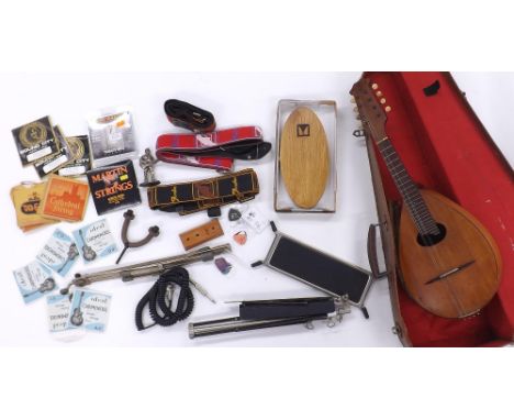 Selection of vintage and later guitar accessories to include a wooden stomp box, three vintage guitar straps including two by
