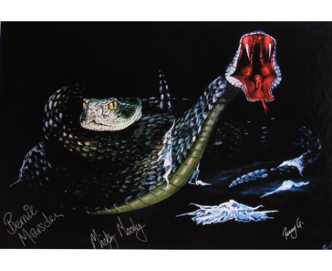 Bernie Marsden &amp; Micky Moody - Penny Golledge print of snakes, framed within a black mount, autographed by Bernie Marsden