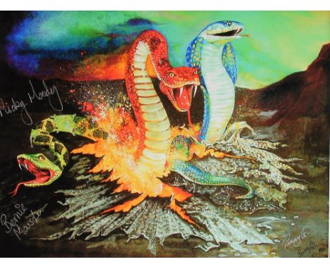Bernie Marsden &amp; Micky Moody - Penny Golledge print of snakes, framed within a black mount, autographed by Bernie Marsden