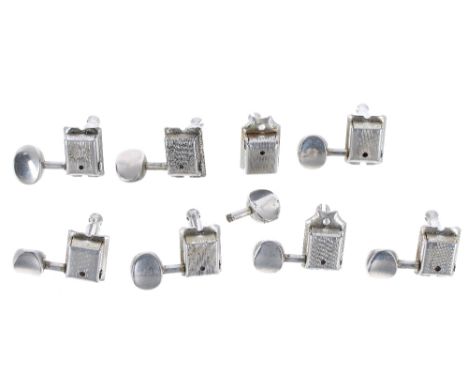 Set of early 1960s Kluson Deluxe six in a line electric guitar tuners taken from a Fender guitar, one with broken shaft; toge