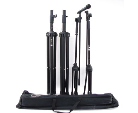 Chord microphone and stand in soft carry-case; together with a pair of QTX Sound PA speaker stands, case and a Peavey microph