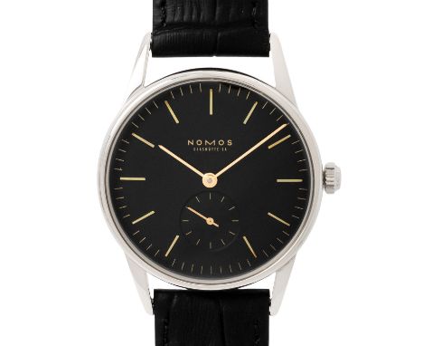 NOMOS Orion 6523 Herrenuhr von 2002. Box und Papiere. Edelstahl. Handaufzugs-Werk Nomos Kal. 1 T mit guten Gangwerten (+8 Sek