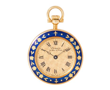 COMOR 18K emaillierte Taschenuhr. 18K Gelbgold mit blau emailliertem Rückdeckel und Glasring. Mechanisches Werk mit Handaufzu