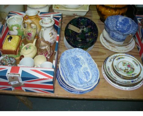 A Box of decorative ceramics including a Carlton ware leaf moulded teapot with flower head finial , oriental tea wares, flora